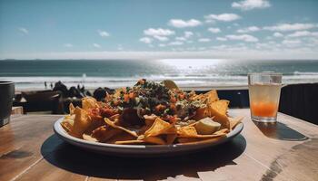 fresco buongustaio frutti di mare taco su spiaggia bar generato di ai foto