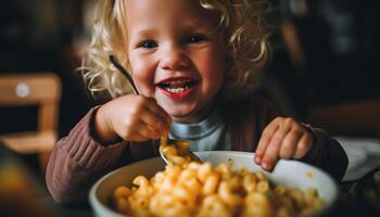 contento bionda bambino piccolo mangiare salutare merenda in casa generato di ai foto