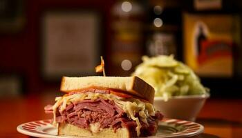 grigliato Manzo Sandwich con patatine fritte e bevanda generato di ai foto