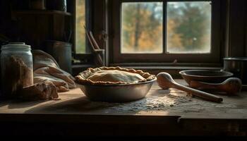 fatti in casa pane Impasto preparazione su rustico tavolo generato di ai foto