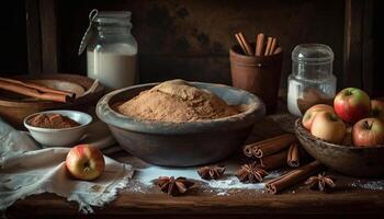 fatti in casa Mela fiocchi d'avena biscotti su rustico tavolo generato di ai foto