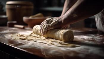 umano mani preparare fresco Impasto per cottura al forno generato di ai foto