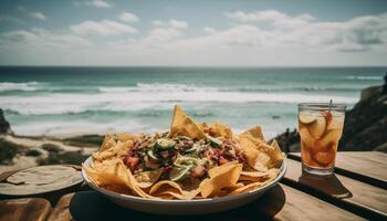 buongustaio guacamole e taco festa di il spiaggia generato di ai foto