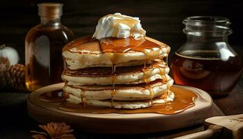 fatti in casa burro di latte Pancakes pila alto con sciroppo generato di ai foto