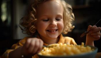 sorridente Riccio dai capelli ragazza mangiare cibo nel cucina generato di ai foto