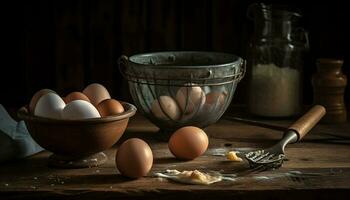 fresco uova nel rustico ciotola, natura proteina generato di ai foto