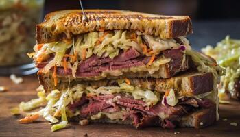 fusione Cheddar, grigliato manzo, rustico Ciabatta pila generato di ai foto