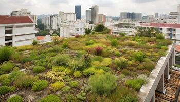 verde e blu incontrare nel urbano Paradiso generato di ai foto