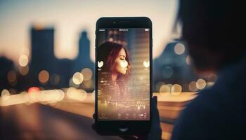 giovane adulto utilizzando inteligente Telefono nel città notte generato di ai foto