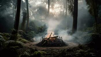 ardente foresta fuoco crea sinistro, misterioso paesaggio generato di ai foto