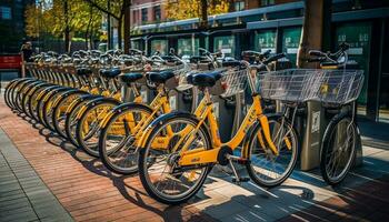 riga di biciclette parcheggiata a mezzi di trasporto stazione generato di ai foto