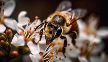 occupato miele ape impollina giallo fiore testa generato di ai foto