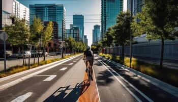 salutare ciclista velocità attraverso città traffico corsa ora generato di ai foto