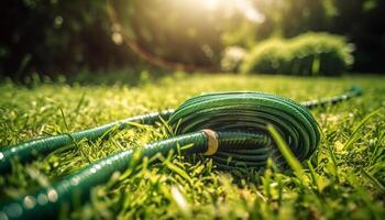 verde prato sotto estate luce del sole, tubo flessibile nelle vicinanze generato di ai foto