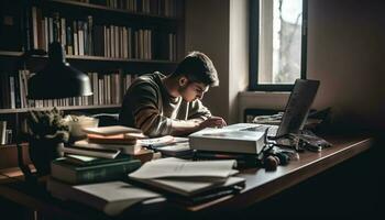 giovane uomini studiando e apprendimento nel biblioteca generato di ai foto