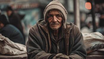 senza casa anziano uomo sembra triste nel inverno solitudine generato di ai foto