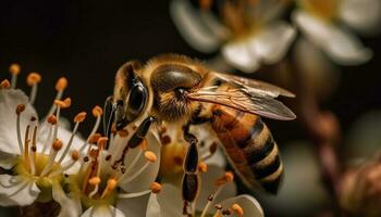 occupato miele ape Lavorando su giallo fiore generato di ai foto