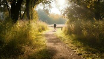 uomini escursione foresta sentiero, godere tranquillo natura scenario generato di ai foto