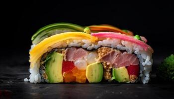 lanciato su frutti di mare e avocado maki Sushi generato di ai foto