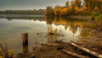 autunno bellezza riflessa nel tranquillo acque sotto generato di ai foto
