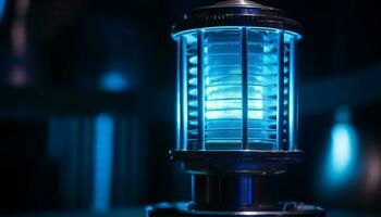 elettrico lampada si illumina blu bicchiere nel laboratorio generato di ai foto
