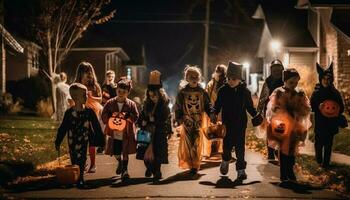 bambini a piedi nel tradizionale costumi su Halloween notte generato di ai foto