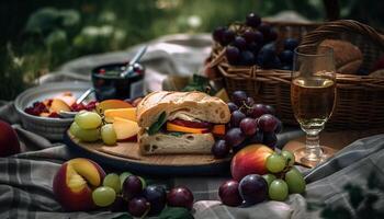 un' fresco buongustaio pasto all'aperto su legna generato di ai foto