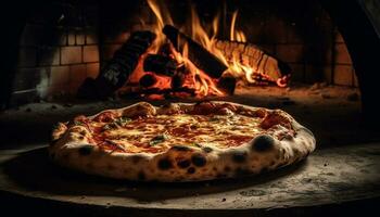 mattone forno al forno Pizza, fresco Mozzarella, rustico ambiance generato di ai foto