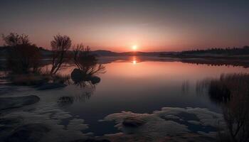 bellissimo tramonto riflette al di sopra di tranquillo acque, natura bellezza generato di ai foto