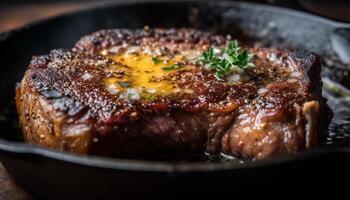 grigliato bistecca, succoso e raro, pronto per mangiare generato di ai foto