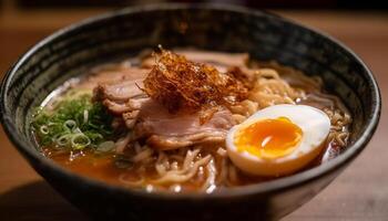 vicino su buongustaio Maiale ramen pasto cucinato fresco generato di ai foto