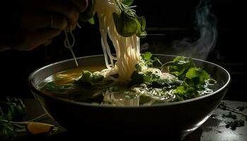 spaghetto la minestra con Maiale, manzo, e verdure generato di ai foto
