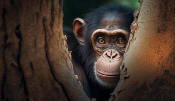 primate ritratto giovane orangutan mangiare su ramo generato di ai foto