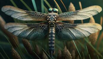 libellula riposa su foglia in mostra delicato bellezza generato di ai foto
