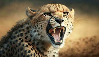 maestoso ghepardo sbadiglia mostrando via suo denti generato di ai foto
