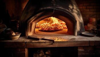 al forno pane nel rustico legna stufa forno generato di ai foto