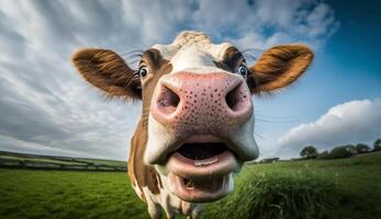 mucca pascolo su fresco verde prato erba generato di ai foto