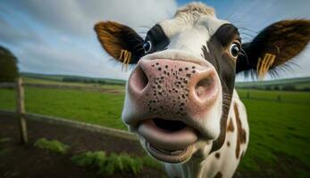 carino Holstein mucca pascolo nel verde prato generato di ai foto