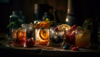 fresco frutta cocktail con ghiaccio e alcool generato di ai foto