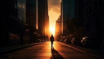 silhouette di uomo d'affari a piedi nel città a crepuscolo generato di ai foto