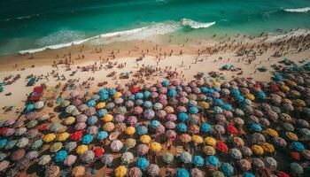 affollato spiaggia, turchese acqua, estate vacanza divertimento generato di ai foto