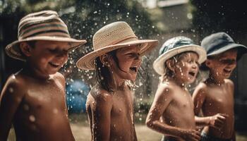 famiglia giocando nel acqua, godendo estate divertimento generato di ai foto