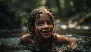 sorridente ragazza gode estate divertimento nel acqua generato di ai foto