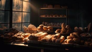 appena al forno pane, rustico e biologico baguette generato di ai foto