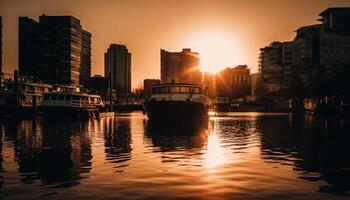 silhouette di città orizzonte riflette su acqua generato di ai foto