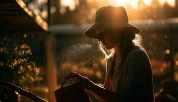 uno donna sorridente, Tenere acqua, godendo tramonto generato di ai foto