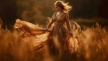 giovane donna nel natura, godendo autunno la libertà generato di ai foto