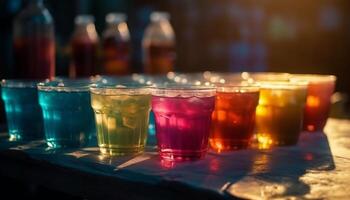 Multi colorato cocktail su bar contatore, illuminato vita notturna generato di ai foto