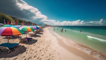 prendere il sole turisti rilassare su tranquillo caraibico spiaggia generato di ai foto