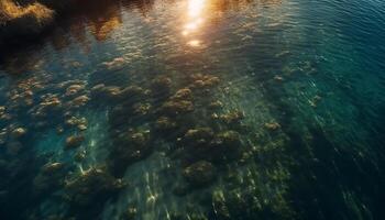 tramonto al di sopra di tranquillo subacqueo scogliera, vivace bellezza generato di ai foto